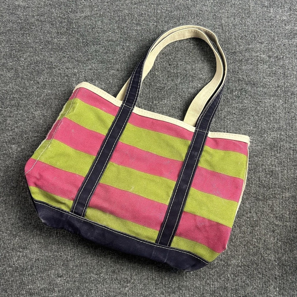 LL Bean Boat And Tote Bag Medium Pink Green Stripe Canvas Zip Top Made USA